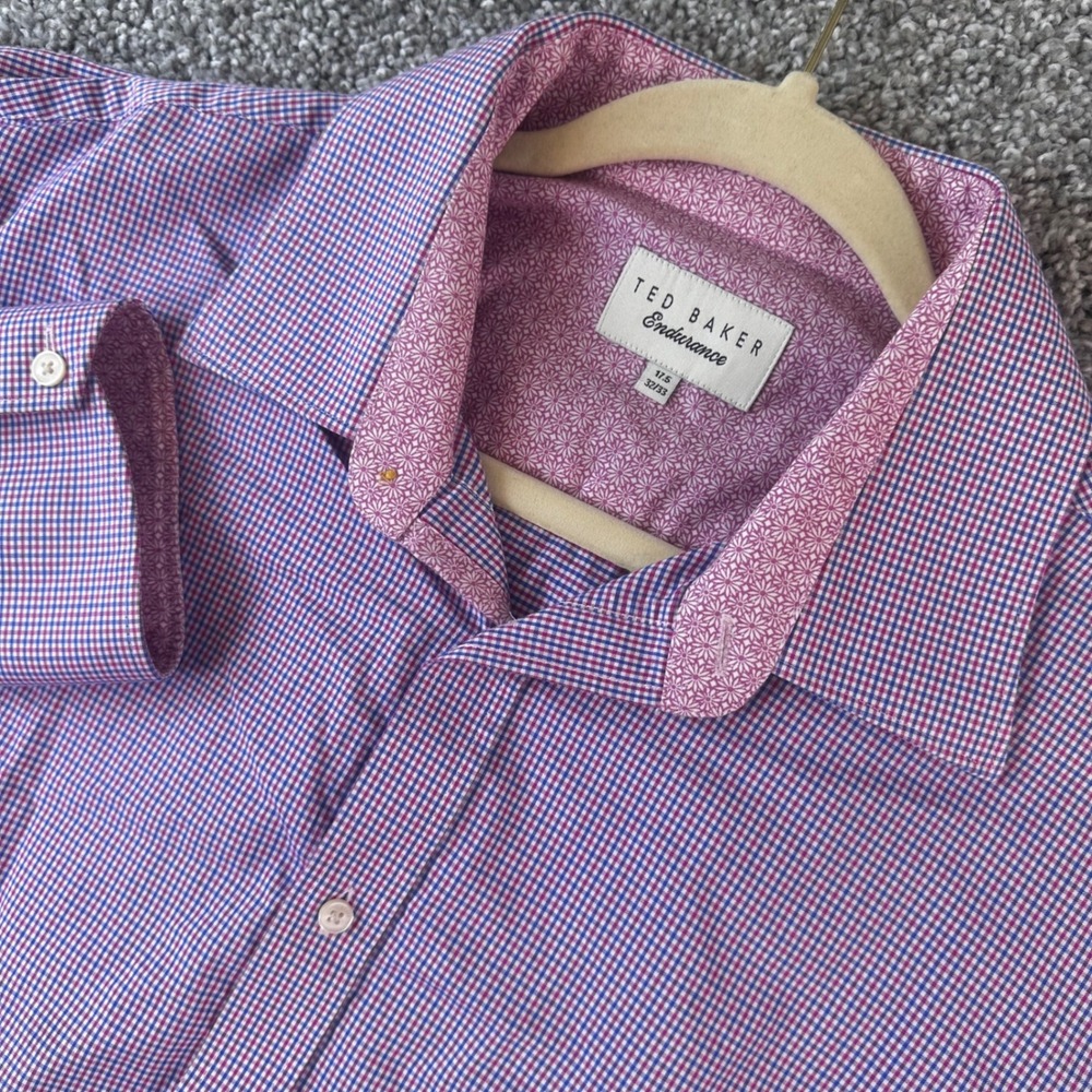 Ted Baker Endurance Shirt Mens 17.5 32/33 Purple Gingham Cotton Button Down